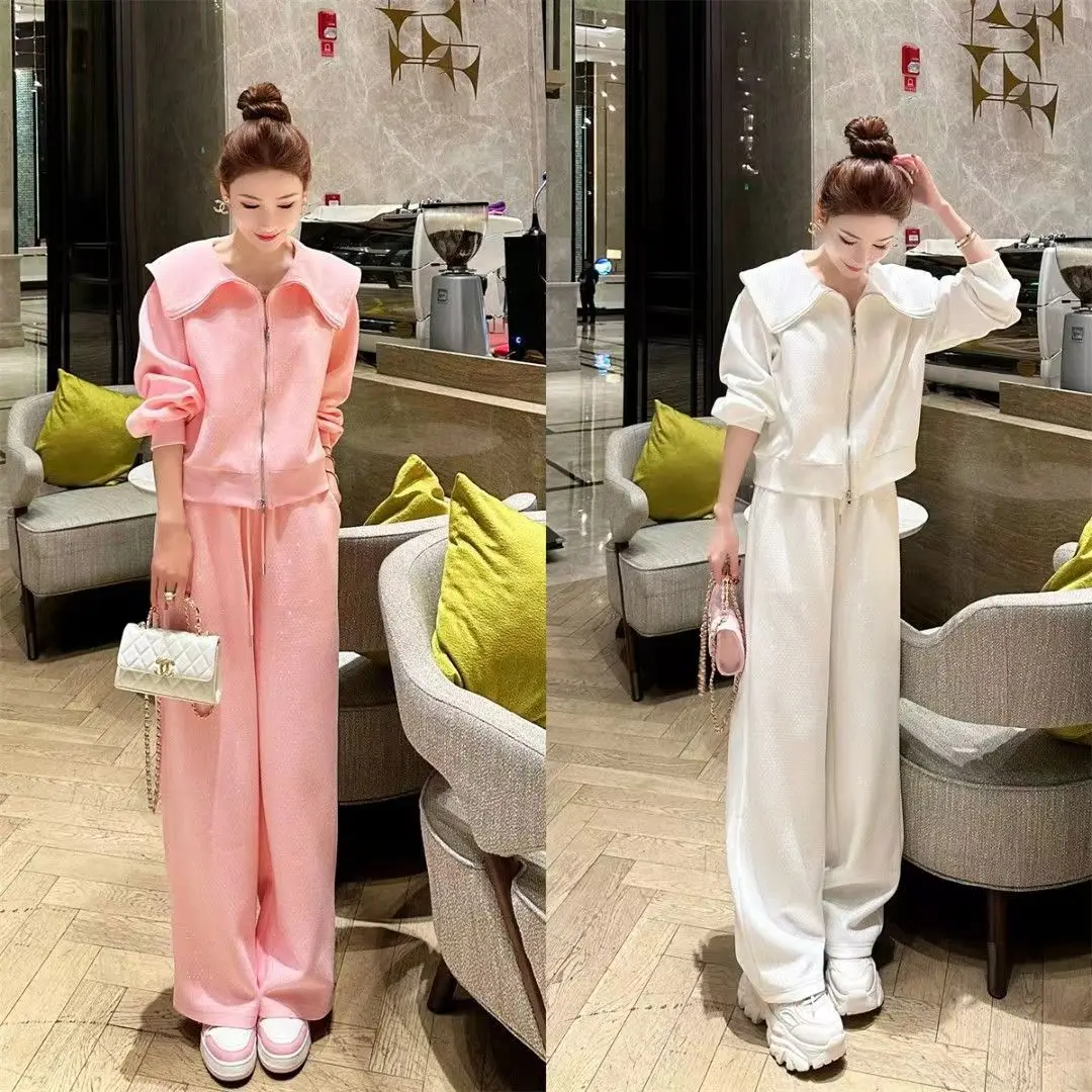 Spring 2023 Hot Drilling Sports Tracksuit Women Doll Collar Sweet Pink Cardigan Coat Outerwear Casual Sweatpants Two-Piece Sets