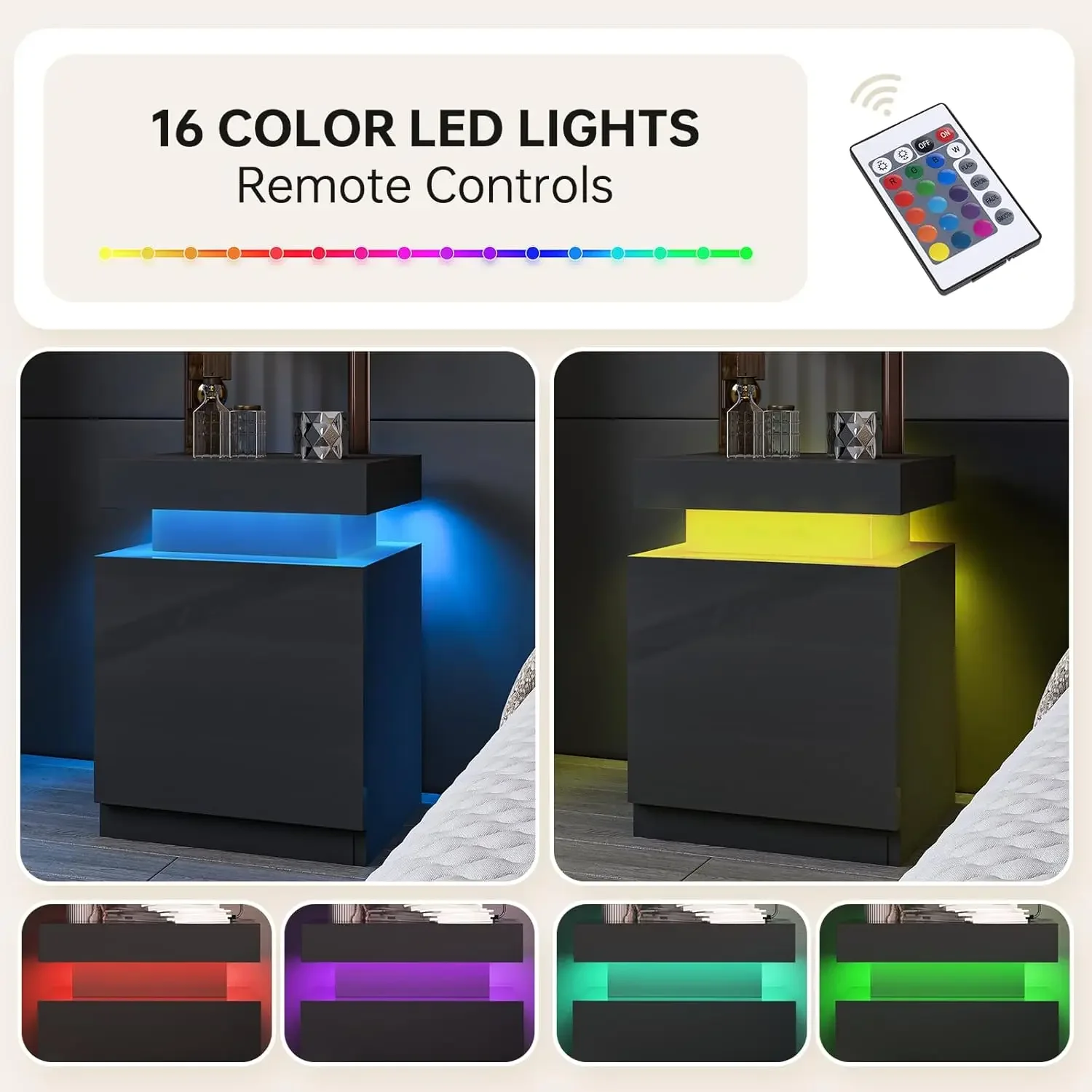 [شحن مجاني، وصول جديد! ]طقم منضدة LED مكونة من قطعتين، حامل ليلي مع خزانة تخزين لغرفة النوم، وطاولة بجانب السرير مع ضوء LED