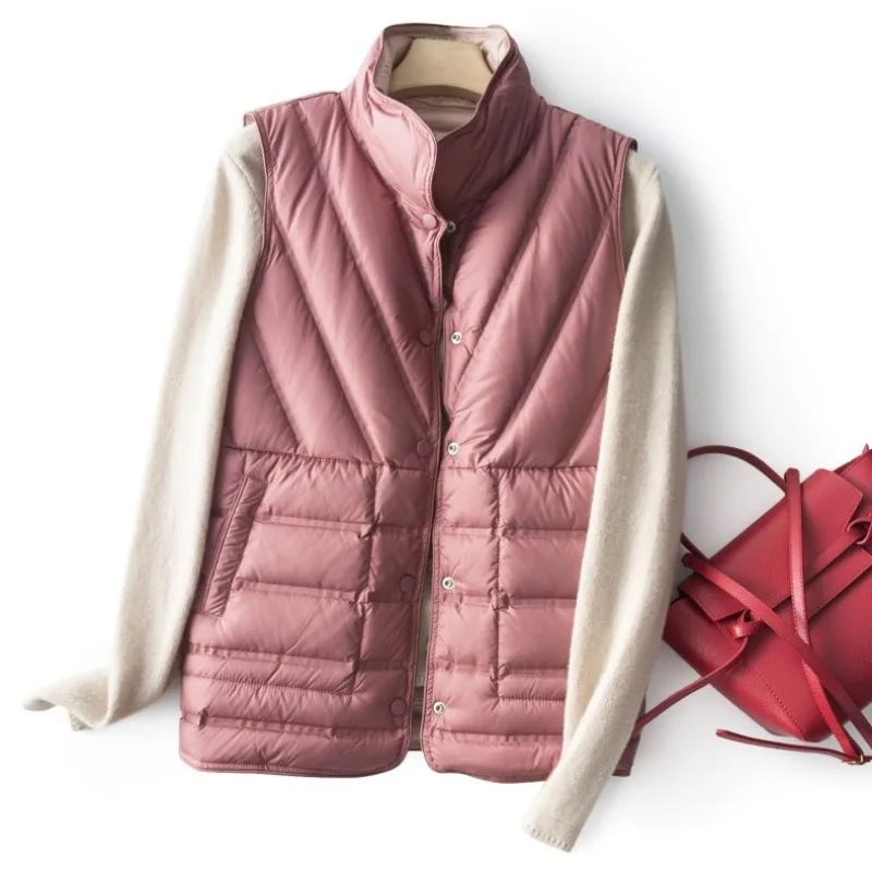 Autumn Winter Women\'s New Laminated White Duck Down Stand Up Collar Down Jacket Vest Solid Color Fashionable and Simple Jacket