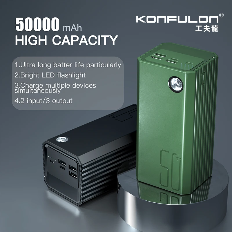 High Capacity Portable Power Bank with LED Headlights, Outdoor Camping External Battery Backup, 50000mAh