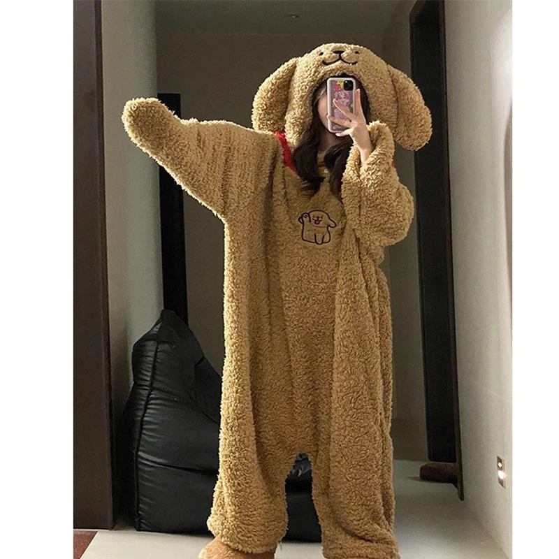 Winter Cartoon Brauner Hund Kapuzen Strampler Pyjamas Kigurumi Unicron Niedlich Langarm Reißverschluss Plüsch Neuheit Onesie Nachtwäsche Slipper – Detail 3