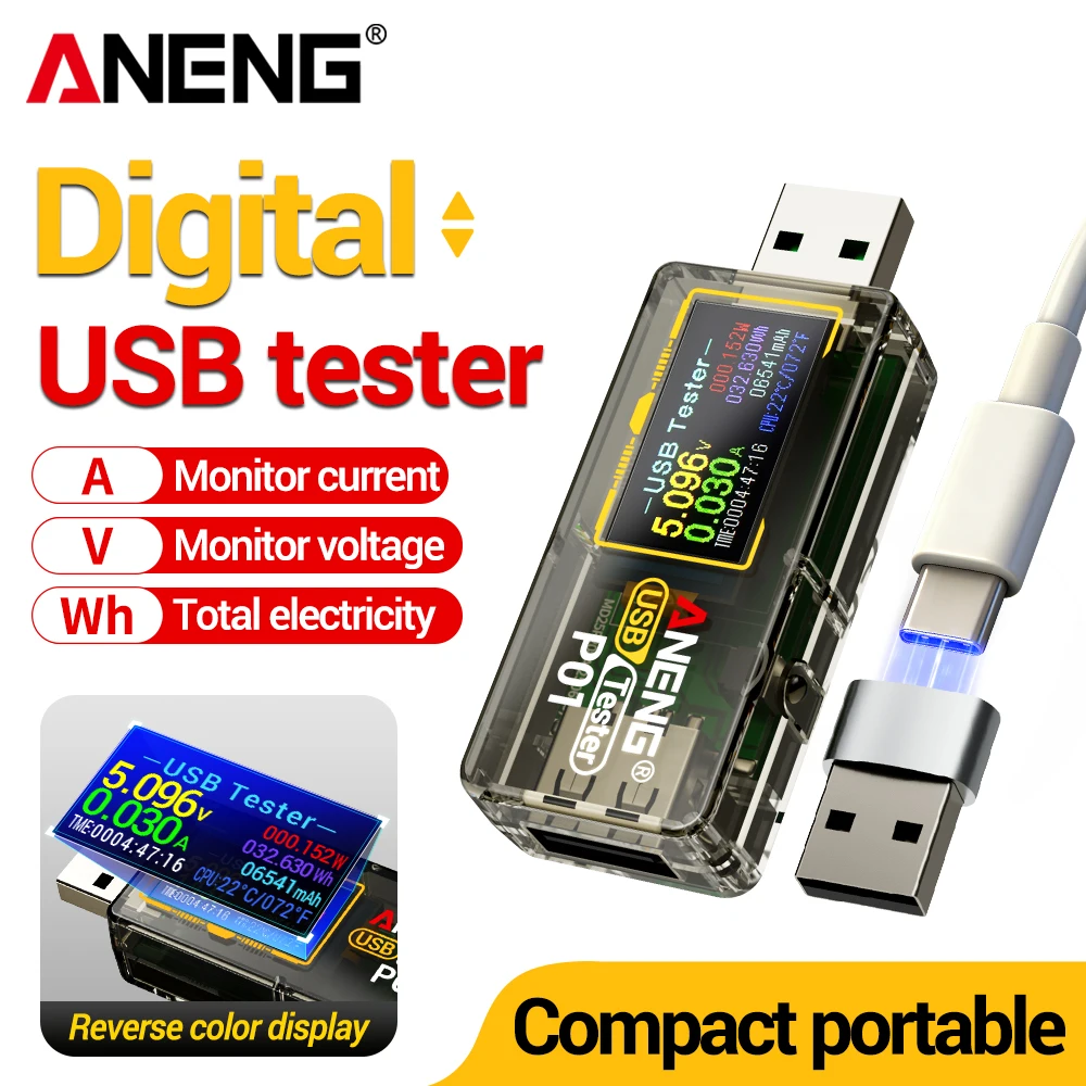 ANENG P01 USB Power Tester VA Inverse Color Display Volt Amp Power Capacity Energy Temperature Measurement Screen Flip Detector