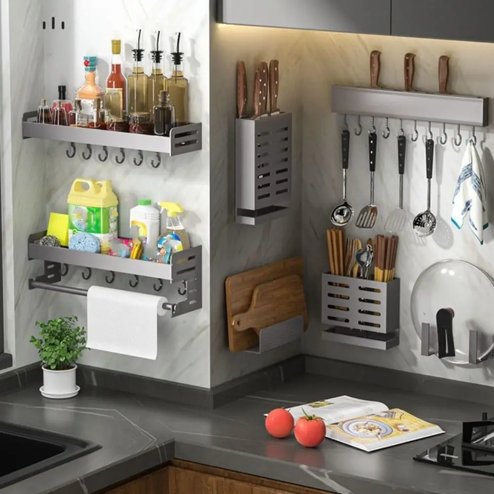 30/40CM Kitchen Storage Rack Space Saving with Hook Bathroom Rack Utensil Rack Aluminium Wall Mounted Rack Spice Storage