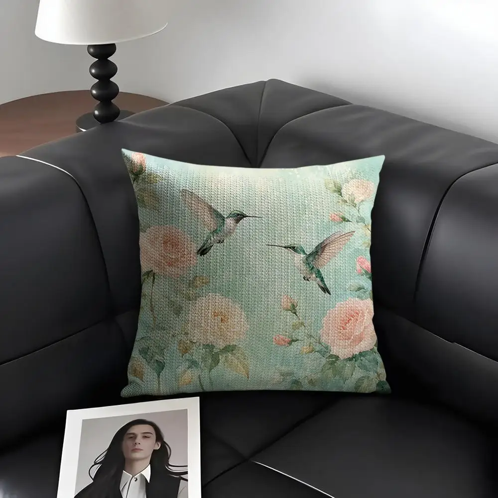 Hummingbirds & Roses Cushion Cover Natural Linen Organic Fabric Double-Sided Printing Breathable Perfect Gift For Decor