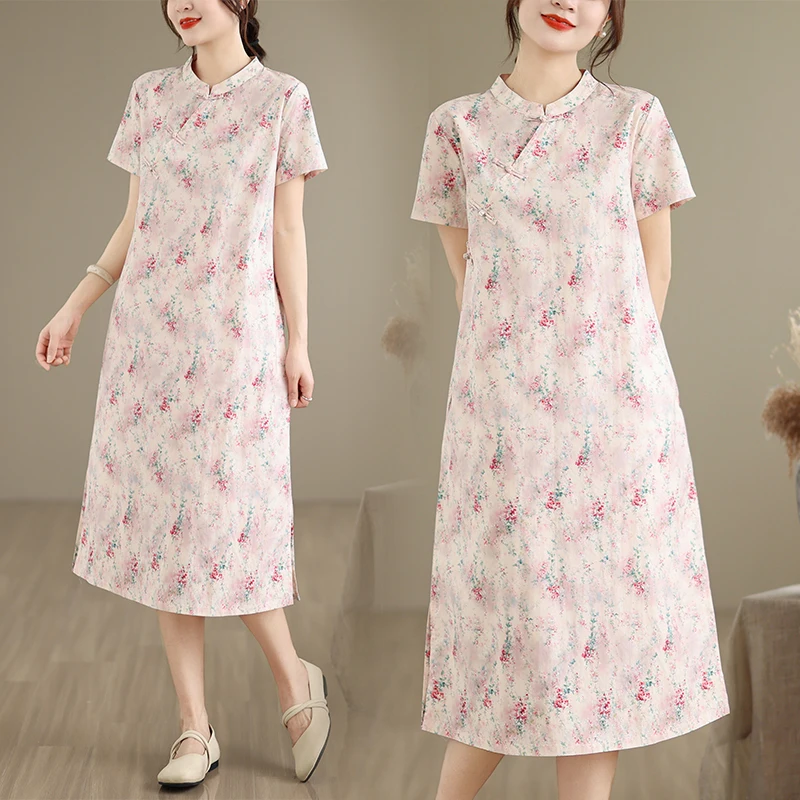 Artistic Large Size Women's Summer Vintage Chinese Style Reformed  Print Loose Midi Dress Cotton Short Sleeve A-Line...