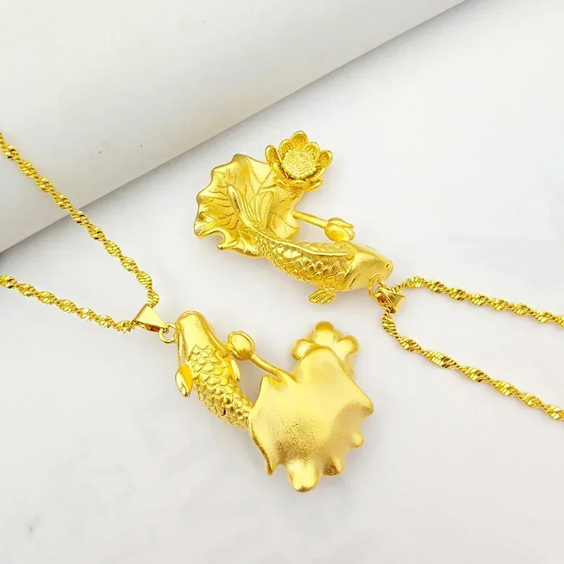 

9999 Real Gold 24K Women's Necklace Wedding Retro Fashion Lotus Rich Fish Necklace Gold Necklace Pendant