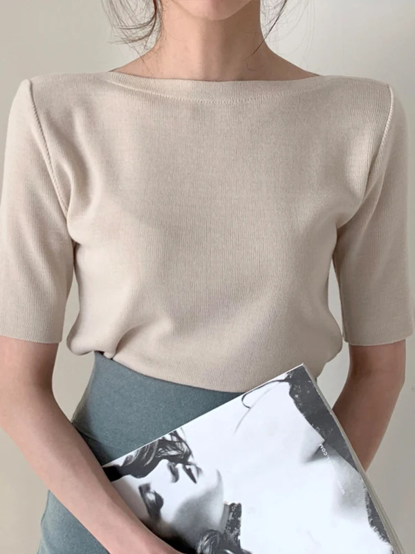 Chic Loose Fit round Neck Short Sleeve Pure Color Knit T-Shirt Women's Simple Elegance Design Versatile Basic Color Top