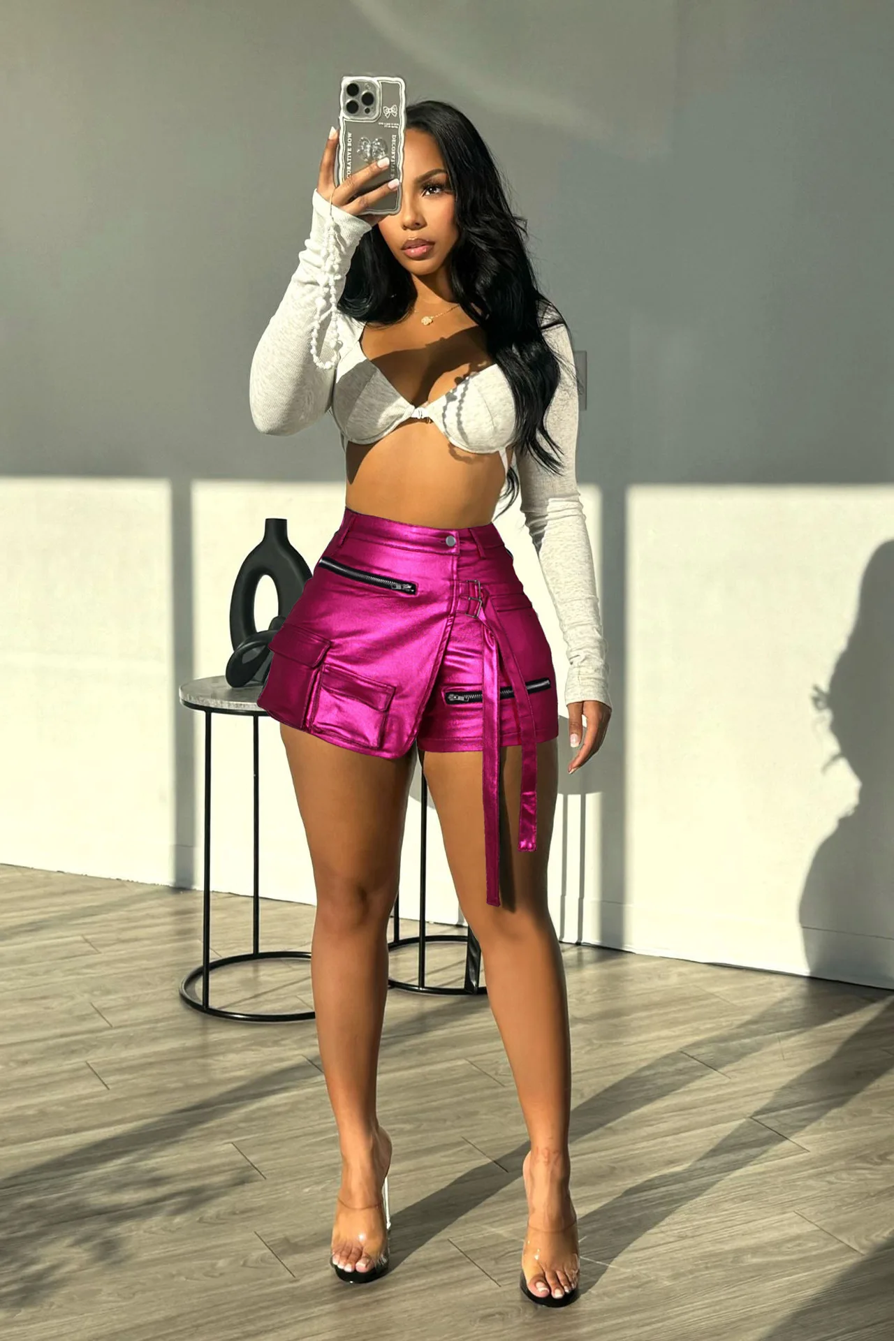 

Women's summer fashion high-stretch irregular multi-pocket cargo A-line shorts