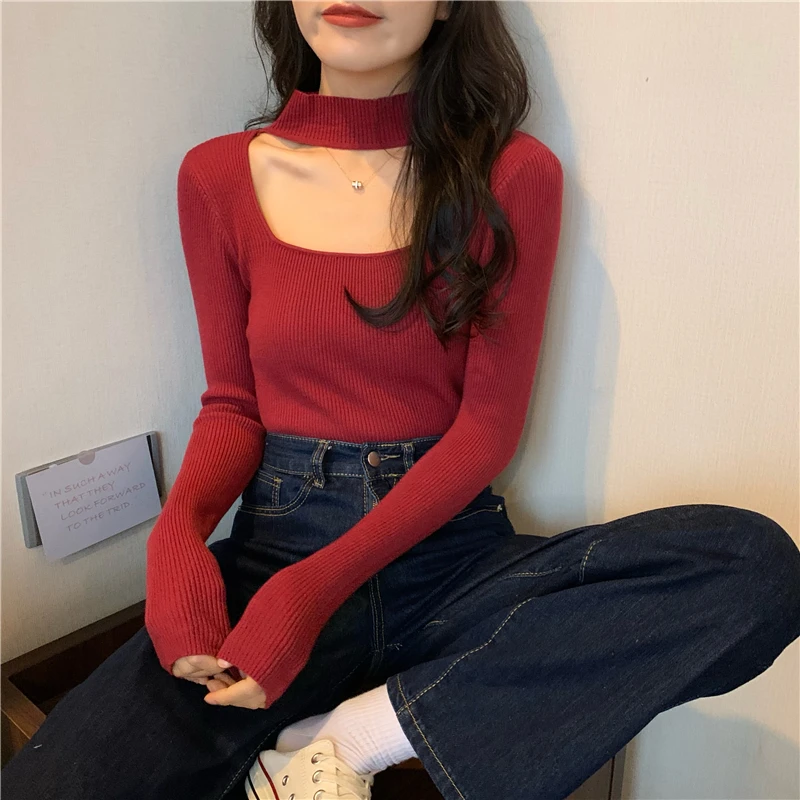 Long Sleeve T-shirts Women Halter Knitted Spring Design Fashion Retro Slim Sexy Popular Tops 8 Colors Leisure Simple Cozy Femme