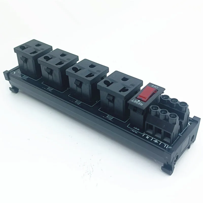DIN Rail Mount AC 125V Four Receptacles Outlet Power Strip Module, with Rocker Switch Thermal Circuit Breaker Overload Protecto