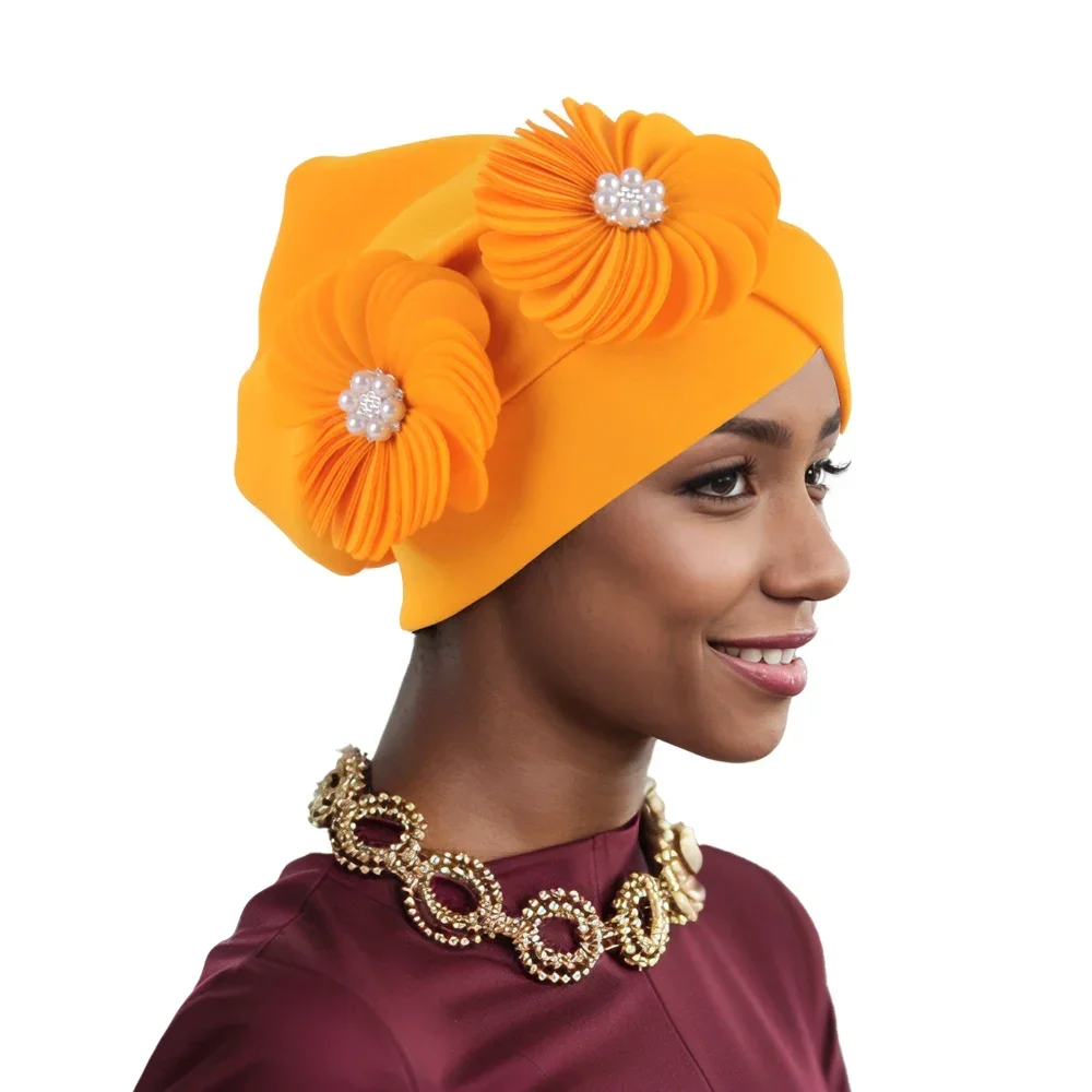 

African Auto Gele Headties Flower Turban Cap for Women Muslim Hijab Bead Bonnet Headscarf Female Wedding Cap Head Wraps Turbante