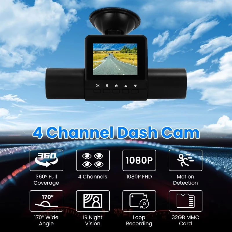 360 Degrees  4-Channel Dash Cam 1080P Front & 480P Rear Left Right IR Night Vision with Loop Recording