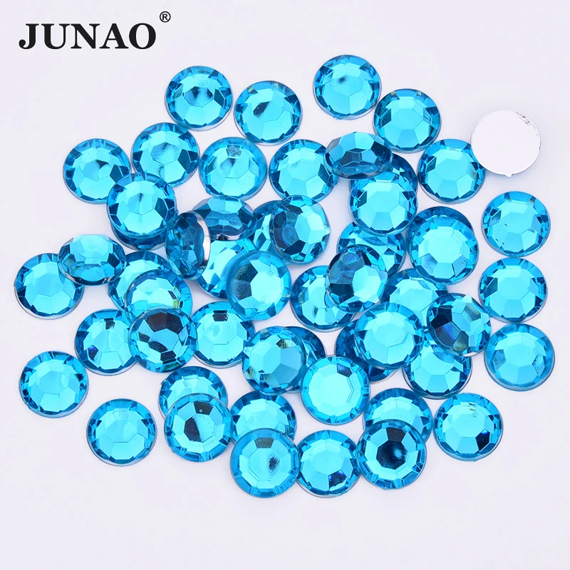 JUNAO 10mm Topaz Round Crystal Rhinestone Flatback Clear AB Strass Beads Glue On Crystals Stones Acrylic Gems for Clothes