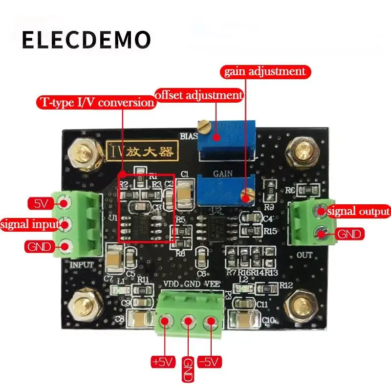 I-V Conversion Transimpedance Amplifier Module, High Sensitivity Low Noise Si PIN Photodiode Current to Voltage Signal PCB