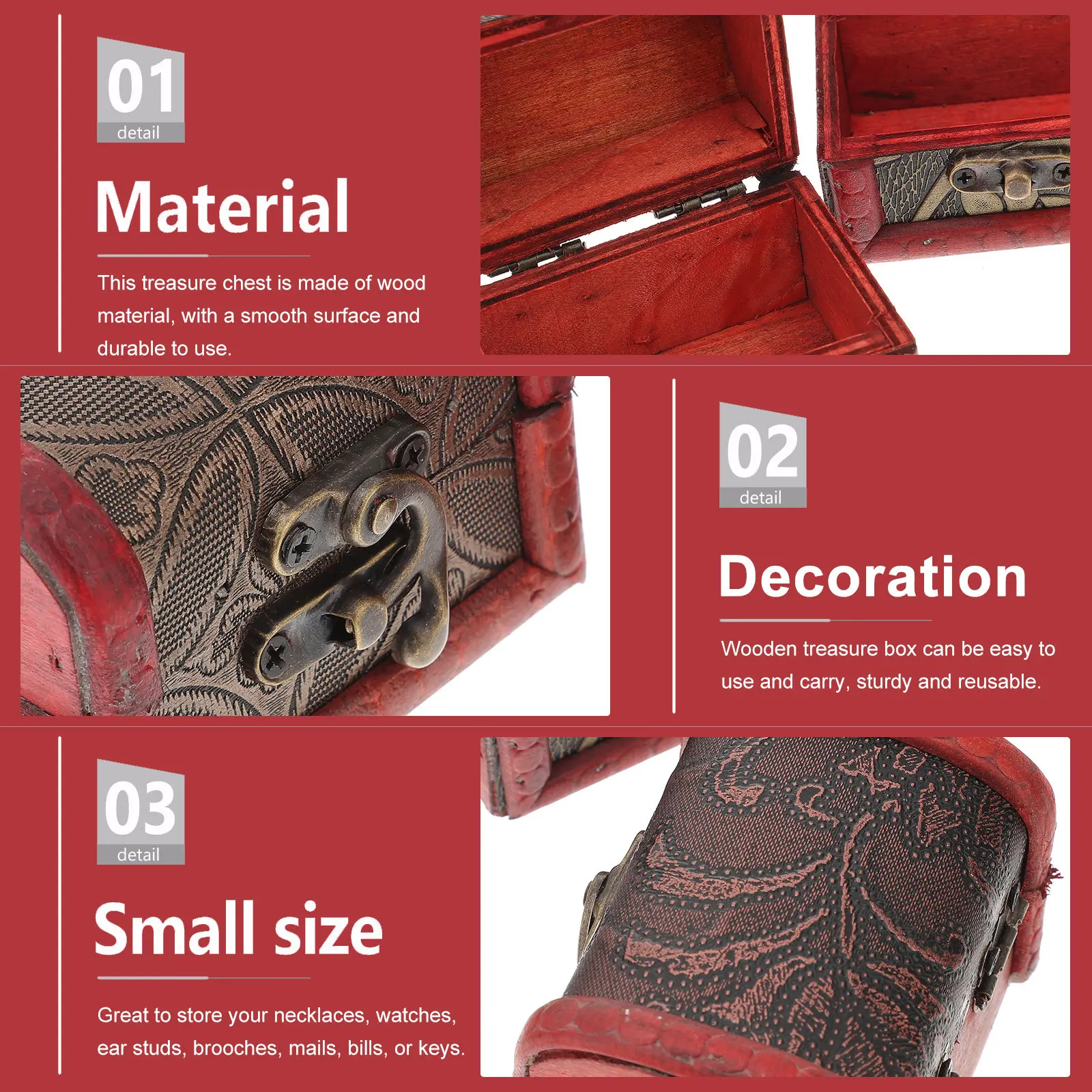 

4Pcs Jewelry Storage Box Wooden Treasure Chest Vintage Organizer Metal Lock Small Decorative Case for Necklaces Watches Keys