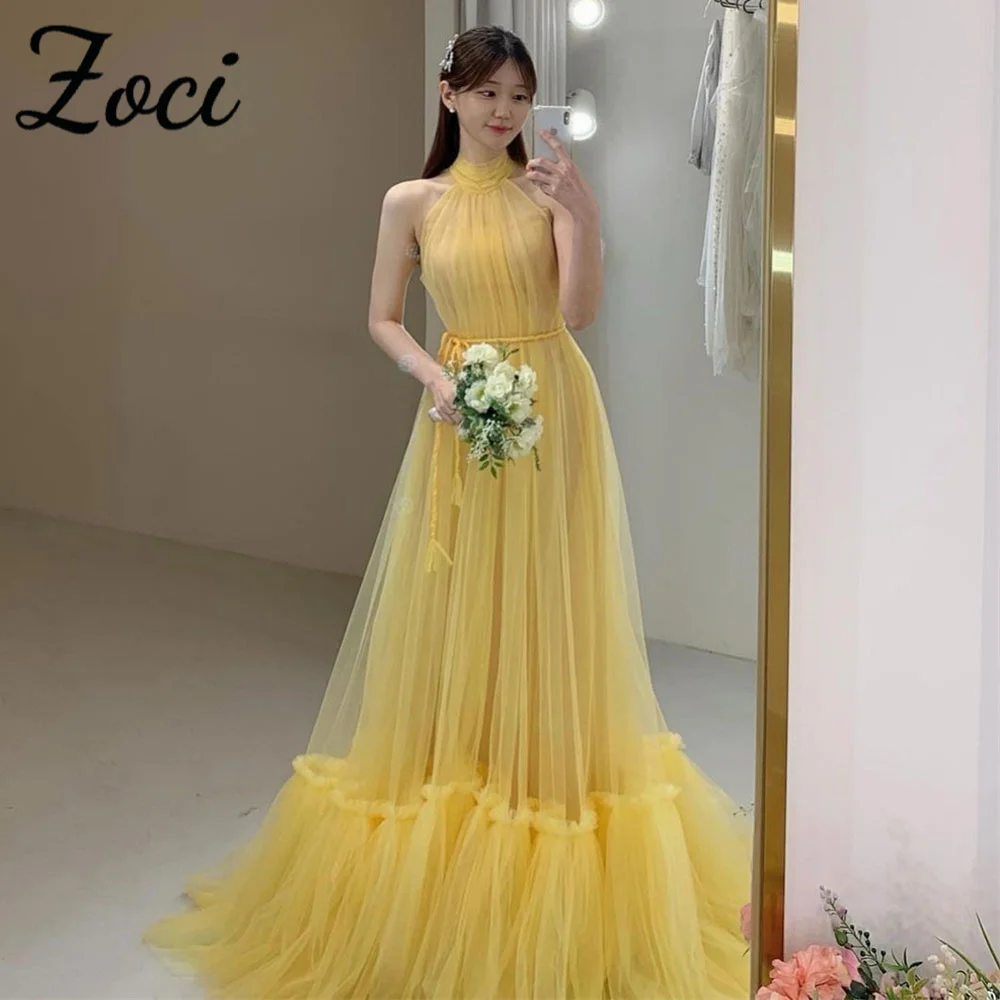 

Zoci Halter Yellow Korea Wedding Party Dresses Sleeveless 웨딩드레스 Performances Gown Customized Corset Wedding Photos Shoot Dress