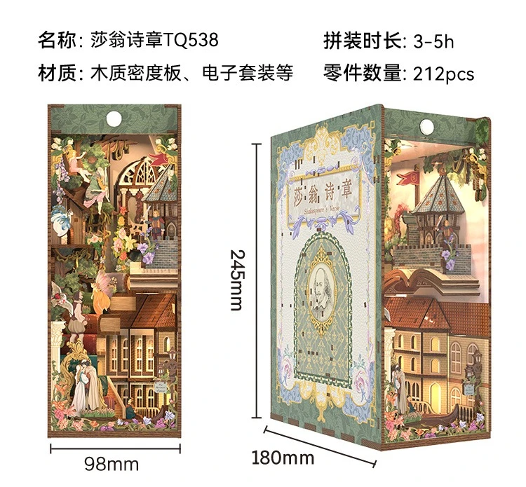 Tonecheer Alice's Avonturen in Wonderland Boekenhoek Poppenhuis DIY Diorama Modelbouwset 3D Houten Puzzel Houten Boekensteun Decoratie