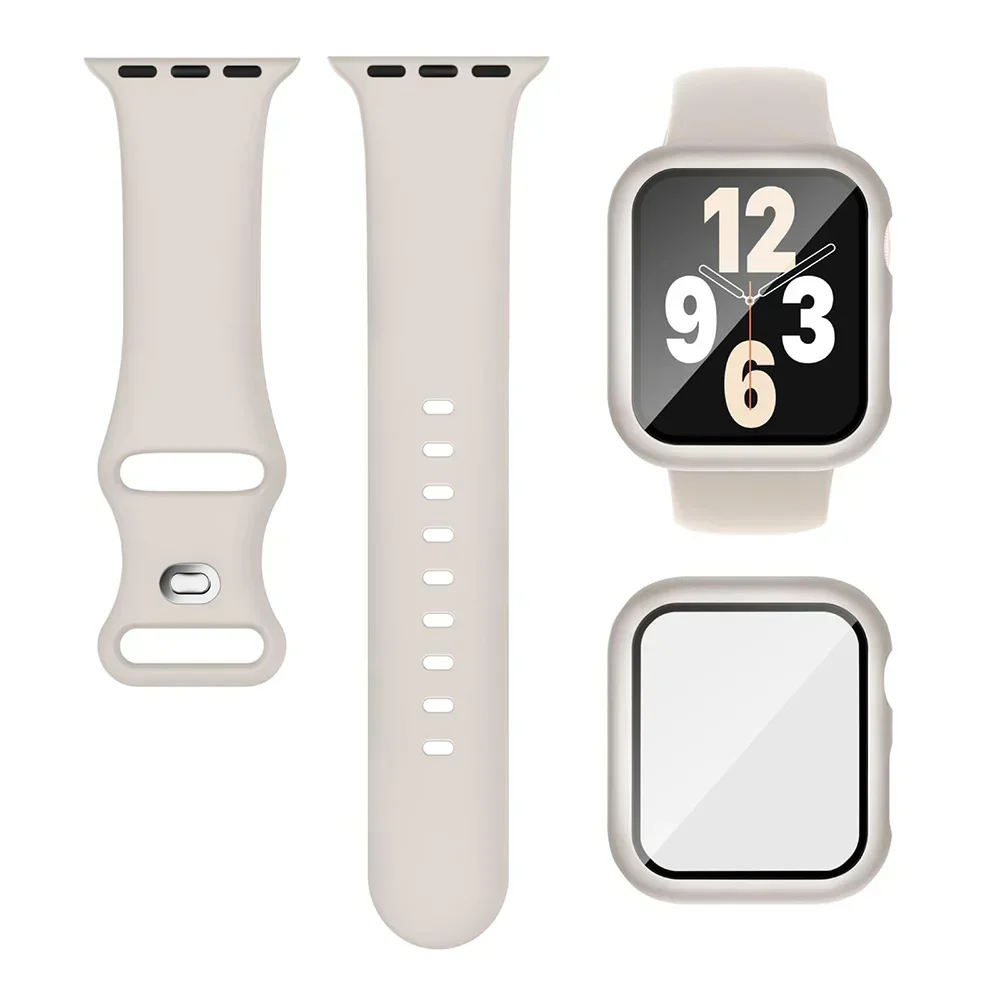 

Silicone Strap+Glass+Case For Apple Watch band 45mm 40mm 44mm 41mm 38mm 42mm sport bracelet iWatch series 8 9 7 6 5 4 3 SE Strap