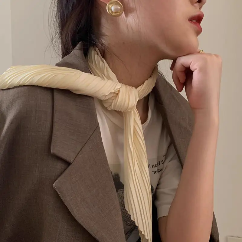 Pleated Silk Satin Scarves Elegant Hair Scarf For Women Square Headscarf Office Lady Crinkled Neckerchief Hairband Decor Bandana