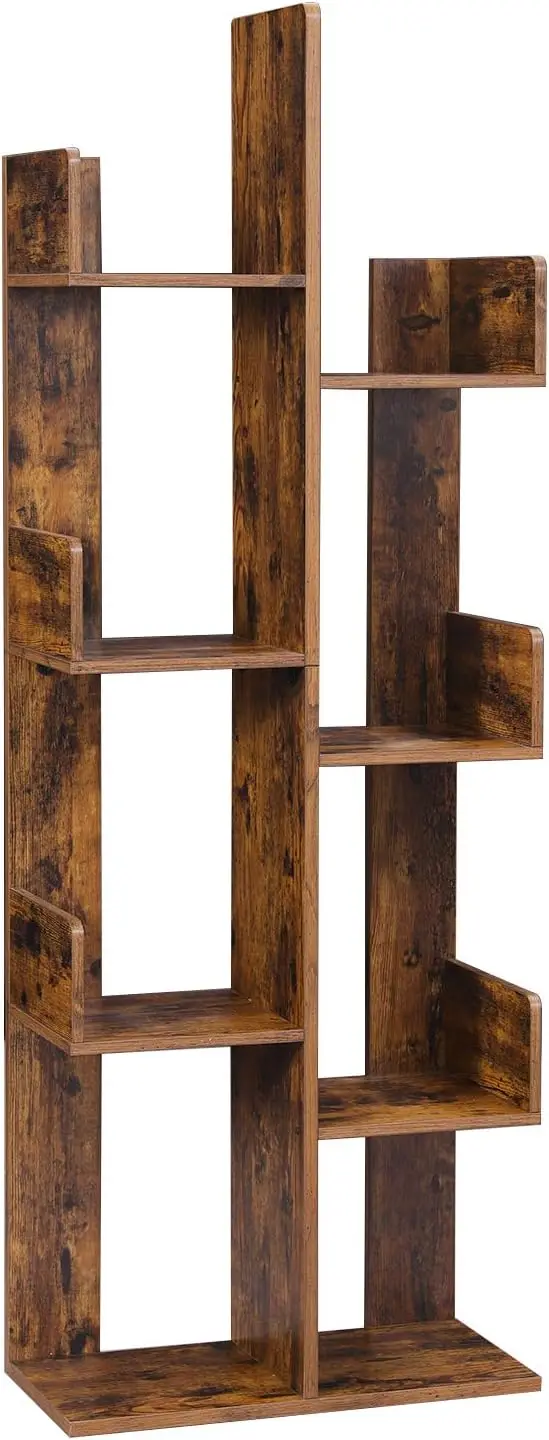 Tree-Shaped Bookshelf with 8 Shelves, Rustic Brown, Compact Design for Living Room or Office