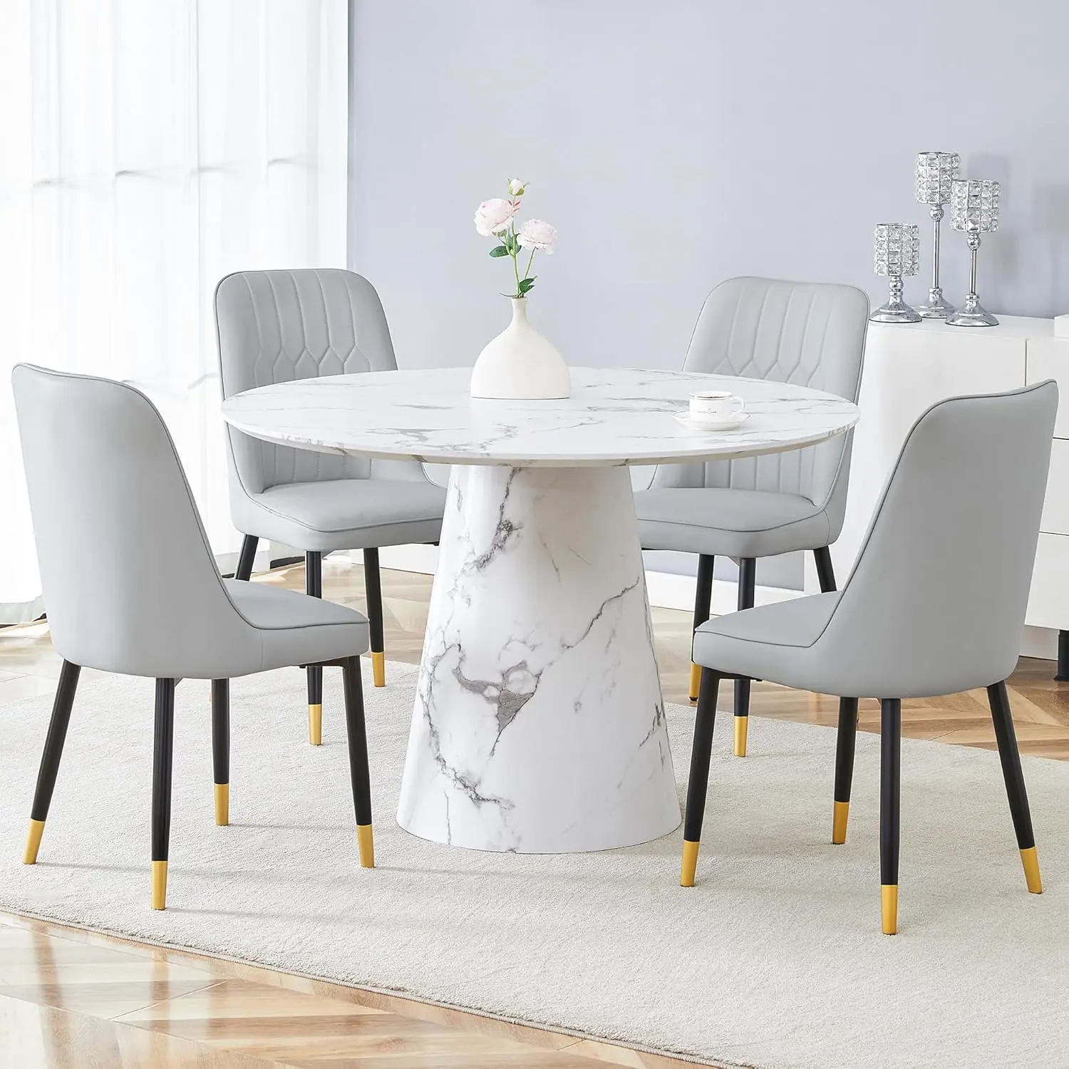 

Round Dining Table Set for 4, 45" Modern Faux Marble Kitchen Table and Upholstered Chairs, 5 Piece Small Circle, Customized