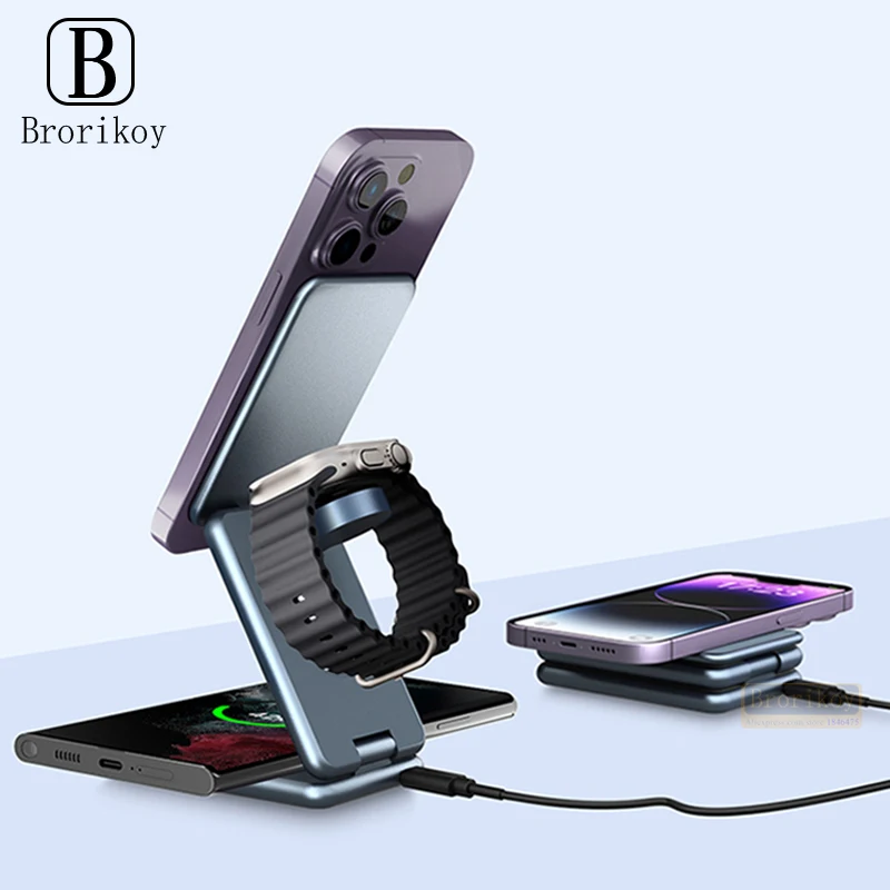 Portable 3 in 1 Foldable Wireless Charger Stand Dock for iPhone15 14 13 Holder Magnetic Fast Charging Station for Apple Watch S8