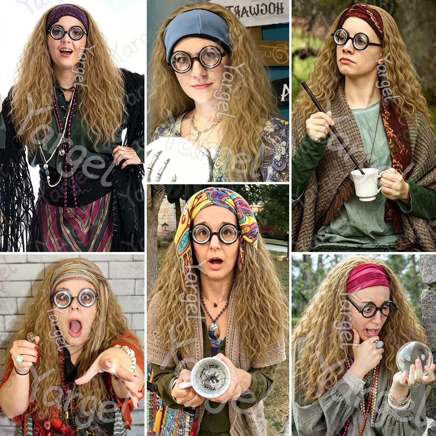 Synthetic Dirty Blonde Professor Trelawney Costume Wig,Multi Colored Long Curly Wig,Fluffy Funny Wig for Party Halloween Cosplay