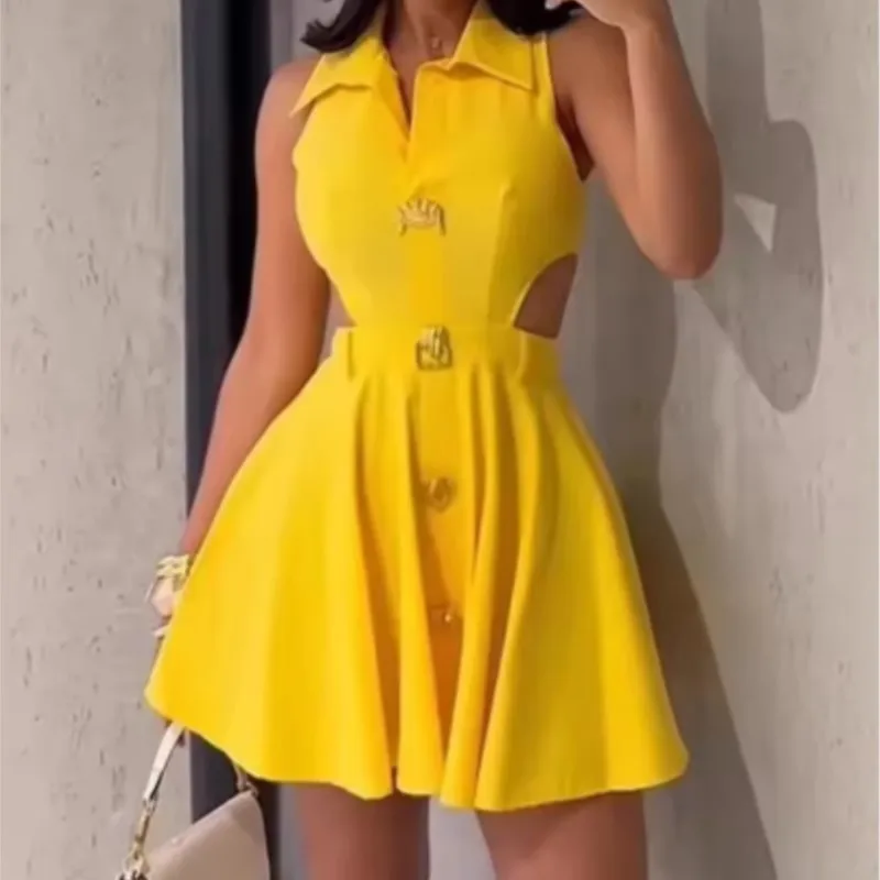 

Women's Fashion White Sleeveless Lapel Shirt Mini Dress With Button Summer Back Hollowed-out Casual Party Short Dresses Robe