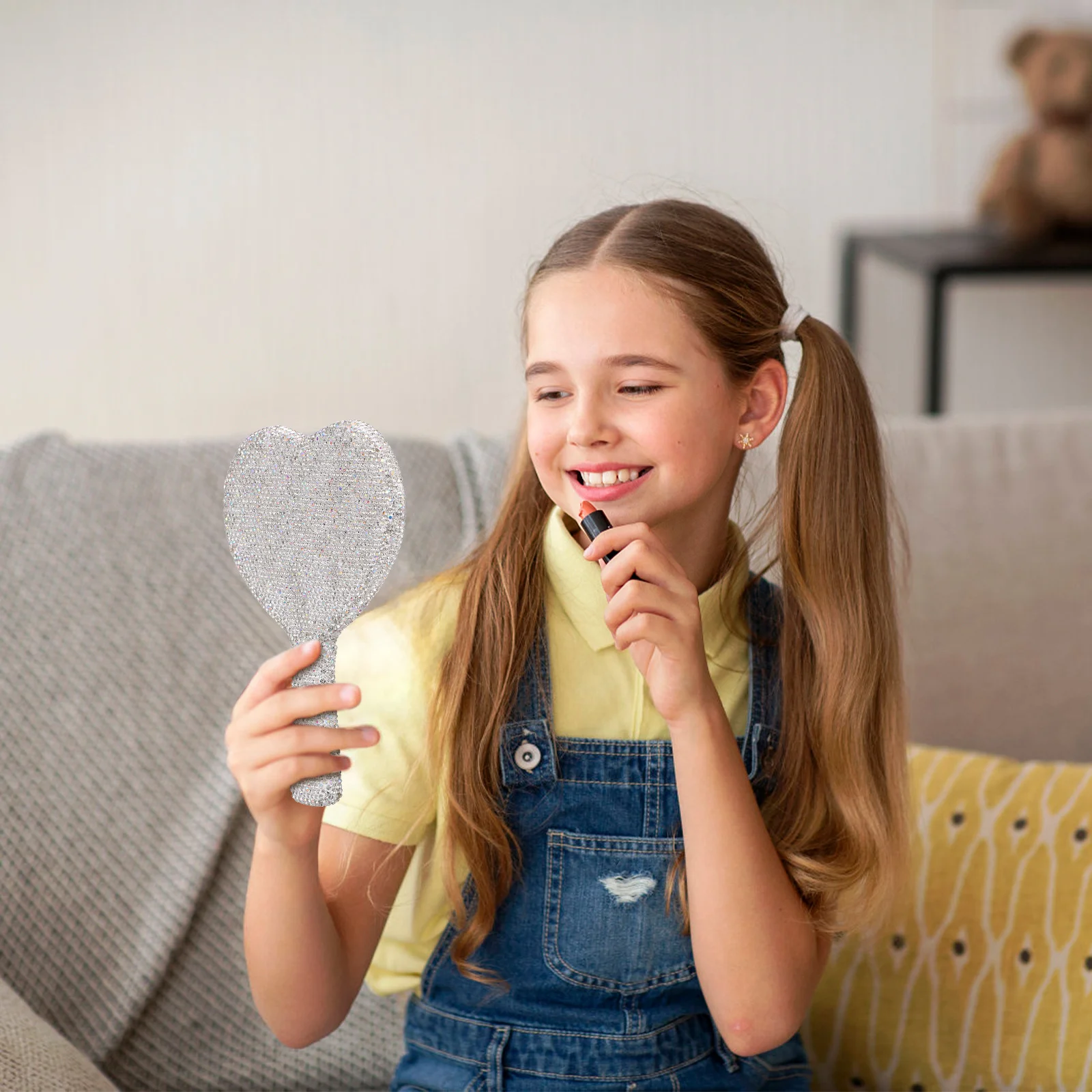 Heart Shaped Mirror Rhinestone Encrusted Frame Stylish Portable Makeup Mirror Clear Reflection Durable Build for Women Grooming