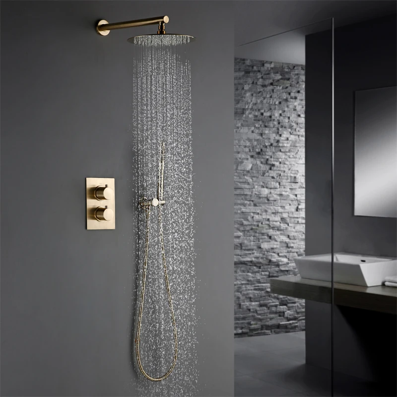 Bathroom Faucet Solid Brass Brushed Gold  Shower Kit Diverter Thermostatic Control Mixing Valve Rain shwoer Sets 8/10/12 Inch