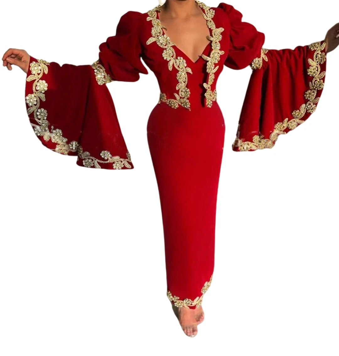 Customized  Albanian Red Mermaid Evening Dress With Jackets Kosovo Gold Lace Appliques Caftan Arabic Celebrity  prom Gowns