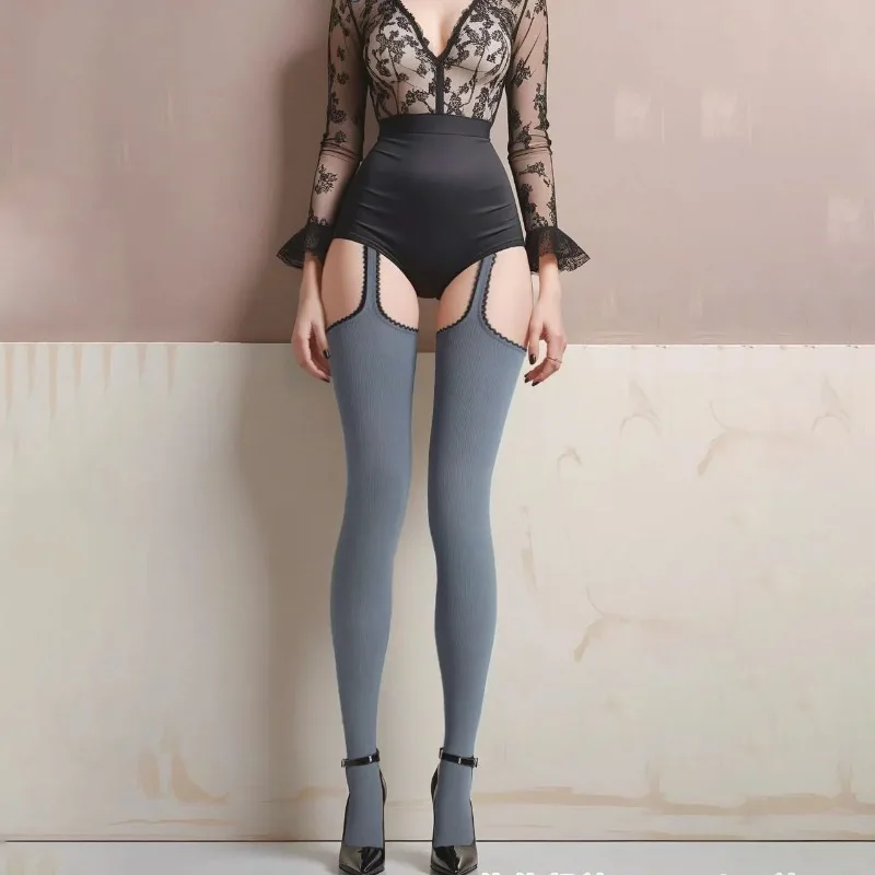 

Spring Summer Solid Striped Pantyhose Sexy Four Sided Hollow Suspender Stockings Women's Lace Trimmed Thigh Socks Multi-color
