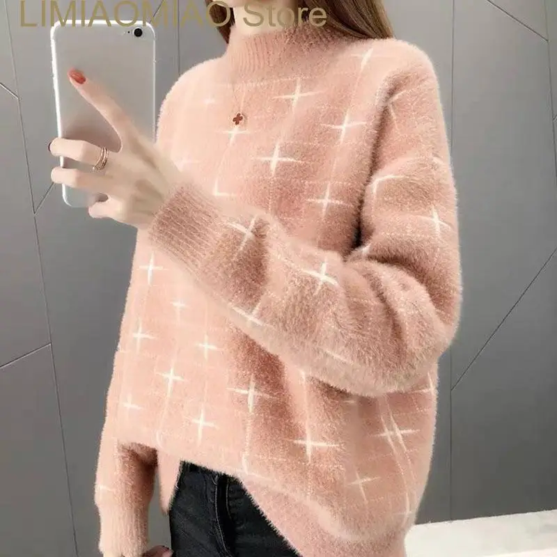 New Blue Sweaters Women Knitted Pullover Thick Imitation Mink Cashmere Warm Autumn Loose Casual Sweter Damski Jersey Mujer