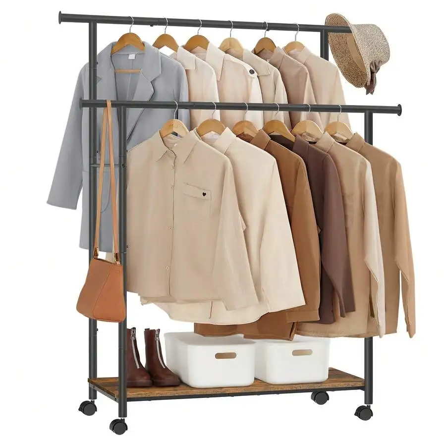 Double-Rod Clothes Rack With Wheels, 38.8 Inches Garment Rack With Shelf For Hanging Clothes, Loads Up To 220 Lb, For Bedroom, C