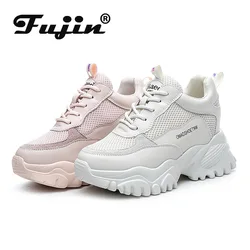 Fujin 8cm Genuine Leather Women Shoes Platform Wedge Air Mesh Breathable Women Casual Shoes Fashion Sneakers Chunky Shoes