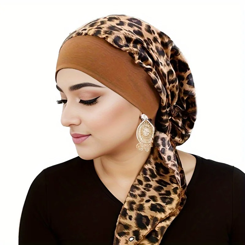 قطعتان من قبعة الحجاب النسائية المطبوعة من الساتان - قبعة نوم مرنة واسعة الحواف #3