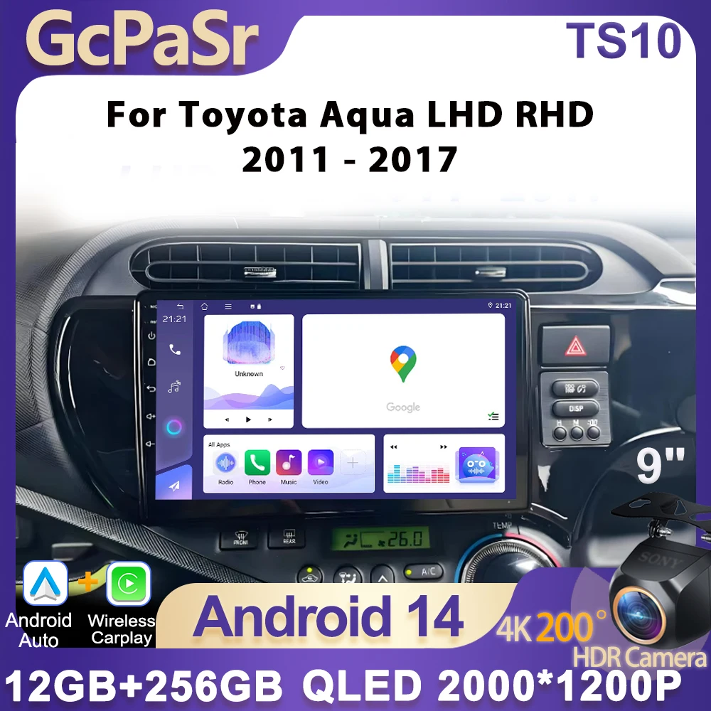 

2 Din Android 14 Car Radio Multimedia Player For Toyota Aqua LHD RHD 2011 - 2017 4G Wifi BT Navigation GPS Autoradio CarPlay