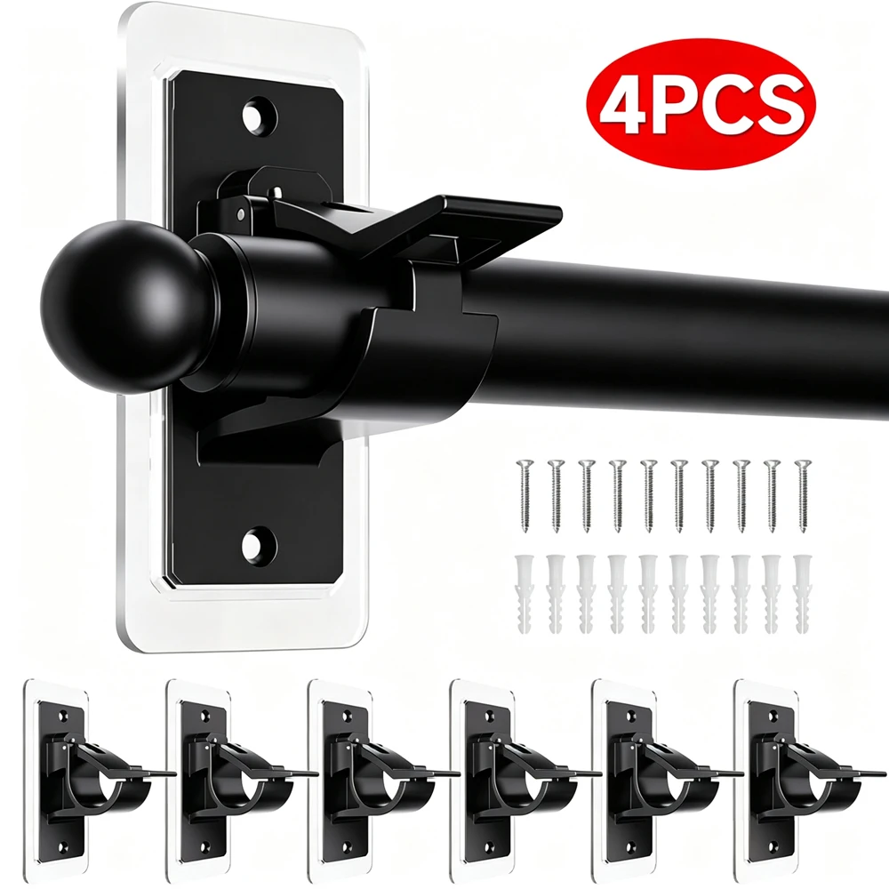 Large Size Curtain Rod Bracket, Self-Adhesive Curtain Bar Supports, No-Drill Hanging Curtains Hook Adjustable Wall Mount Bracket