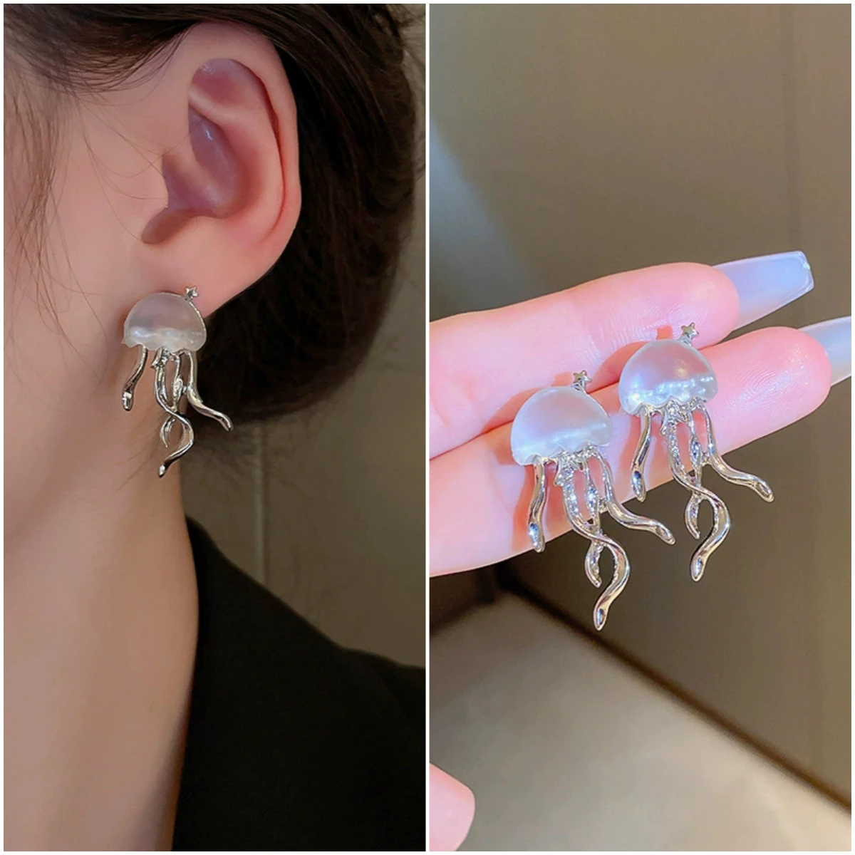 Translucent Acrylic Jellyfish Drop Earrings for Women Silver Color Metal Small Star Dangle Earrings Fashion Jewelry