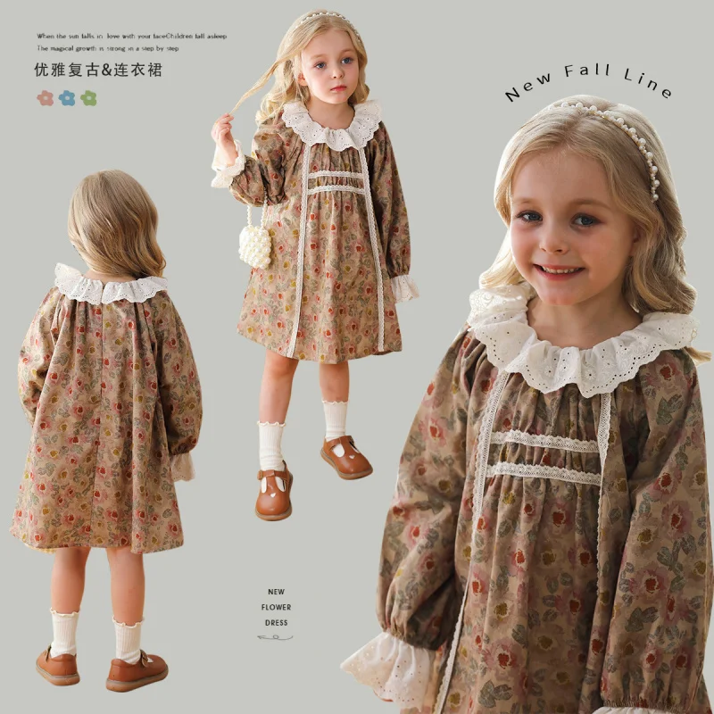 

Retro French Lotus Collar Lace Girls Dress2024Autumn New Floral Long Sleeve Girl Princess Skirt