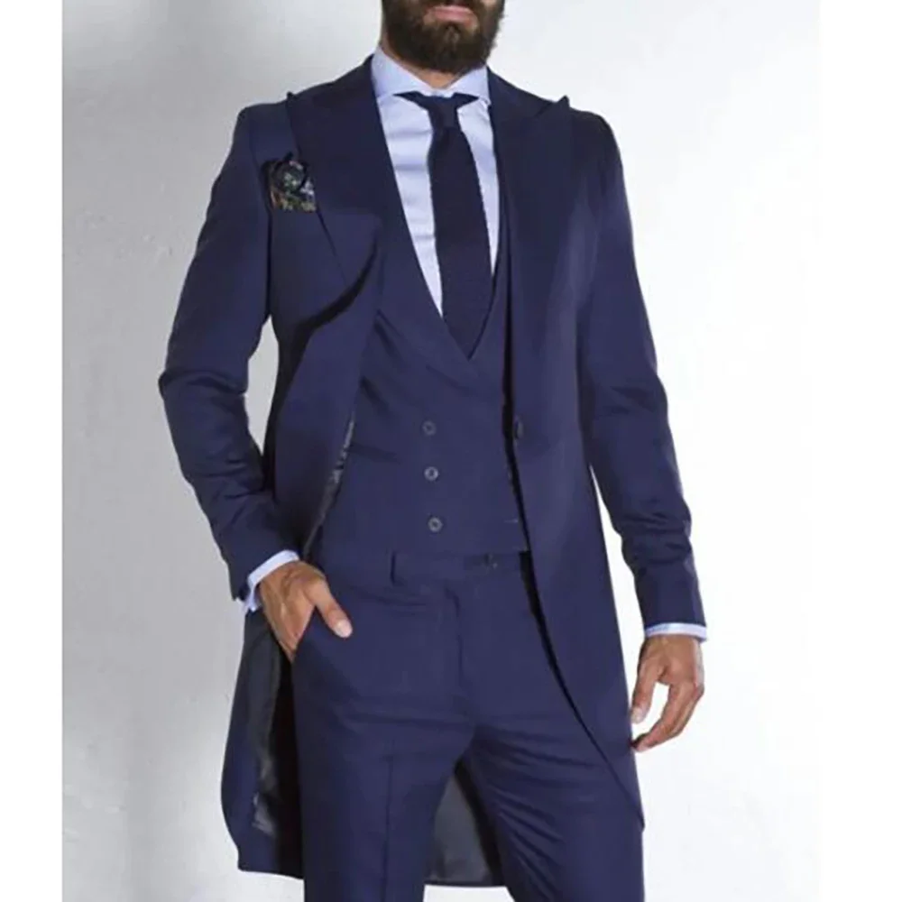 

Navy Blue Tailcoat Suits for Men Wedding Custom Made Groom Tuxedos Long Male Fashion Blazer 3 Pieces Groomsmen Costume