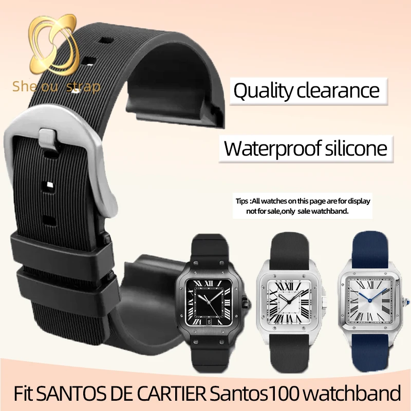 Rubber Watch Band For CARTIER SANTOS DE Santos100 Waterproof  Silica Gel Bracelet Blue Black 20mm 23mm  Watchstrap