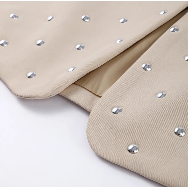 Retro V-neck Studded Suit Jacket Women Casual Loose Rivets Pockets Open Jacket Female Autumn Spring Chic Street Outwear Cardigan