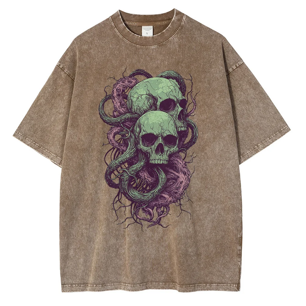 Cotton Graphic T Shirts Designer Clothes Psychedelic Skull Tentacles Breathable Print Heavy Drop Shoulder Oversized T Shirt