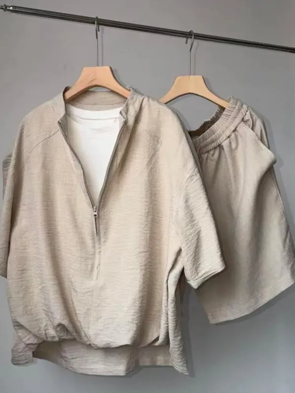 summer-lightweight-breathable-cotton-linen-casual-set-men's-henry-collar-fake-two-piece-short-sleeve-shorts-two-piece-set