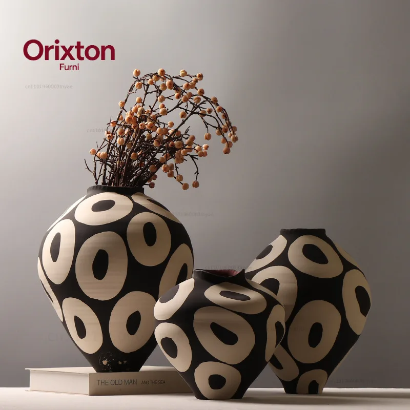 Ceramic Vase Hand-drawn Geometric Circles Flower Vase Flower Arrangement Accessories Porcelain Pot Home Decoration