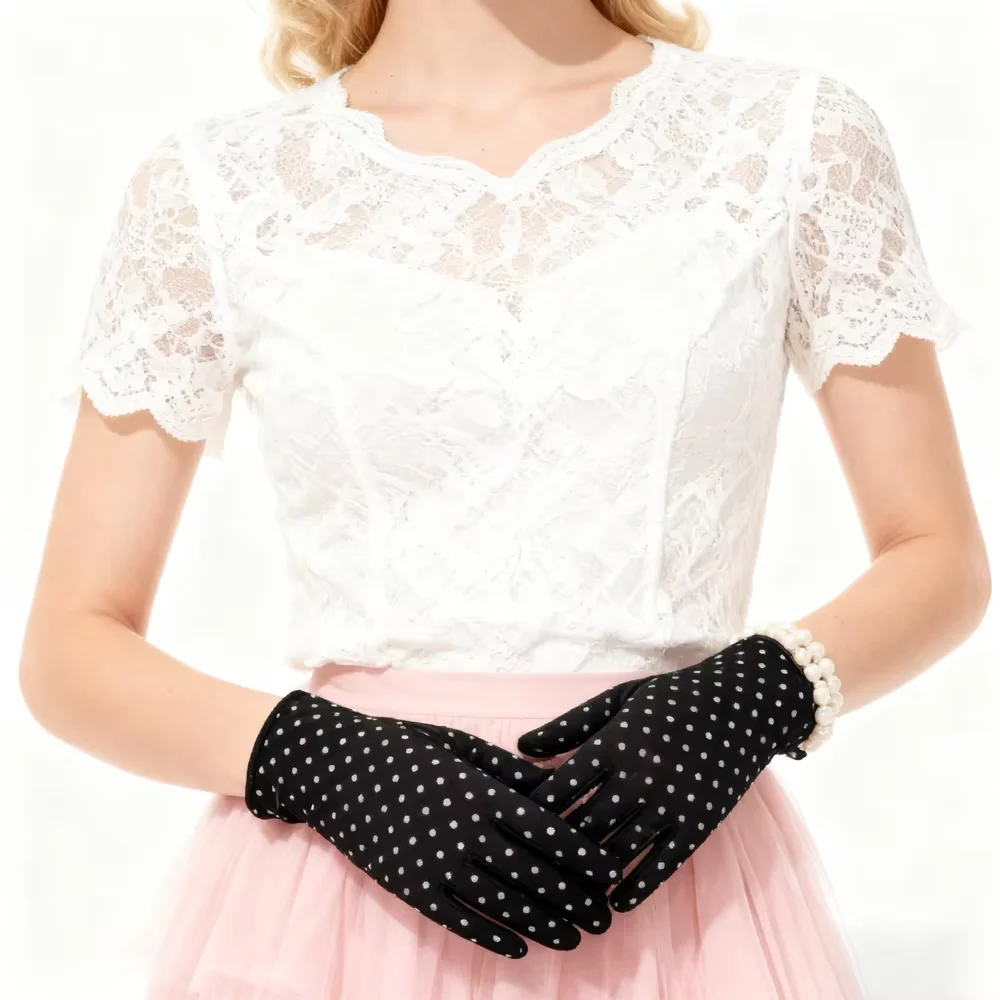 قفازات PESENAR من الخمسينيات من القرن الماضي باللون الأسود والأبيض منقط لإكسسوارات الحفلات التنكرية القديمة