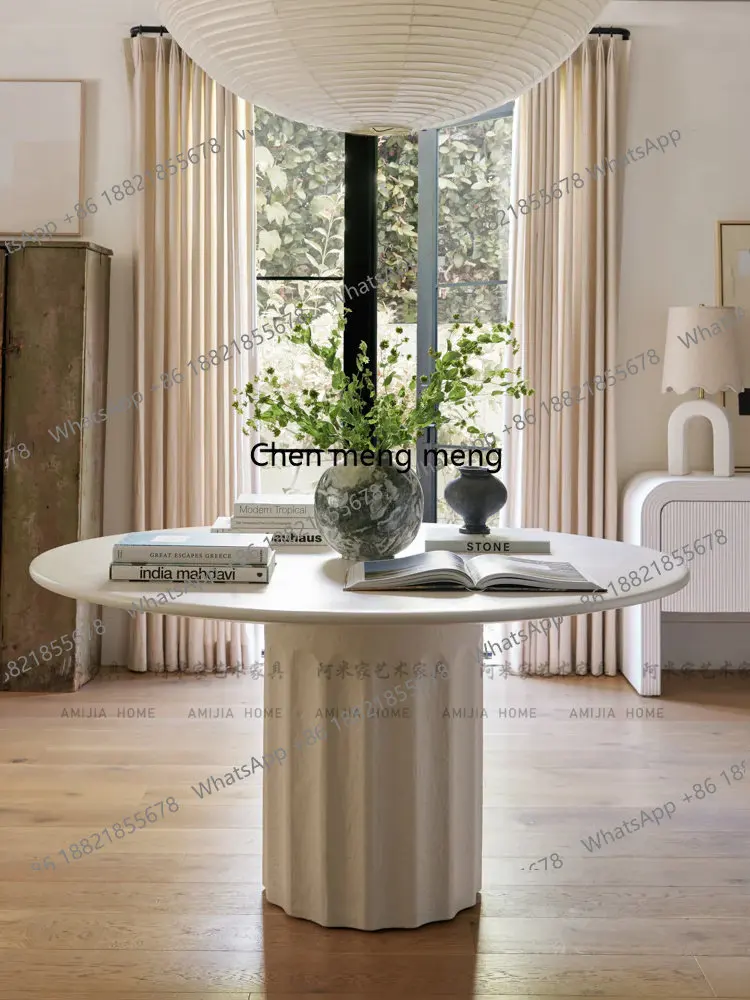 

Wabi-sabi style, Nordic modern small apartment household round table cream style light luxury simple round log dining table