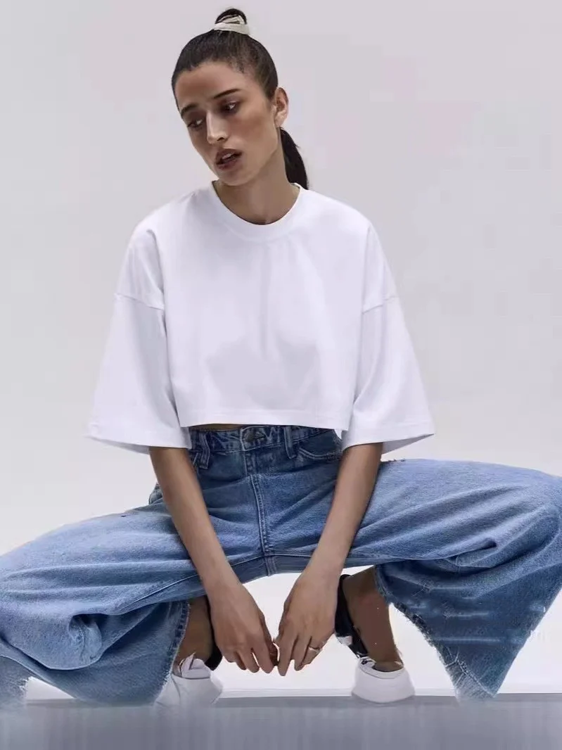 New Pure Cotton ort Sve Loose  Color ort T-irt Women's Casual Summer Top round Ne Line Design