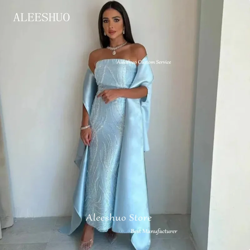 Aleeshuo-vestidos de satén azul cielo para graduación, vestido largo elegante de noche de Arabia Saudita, hasta el tobillo plisado, fiesta de cóctel, 2024